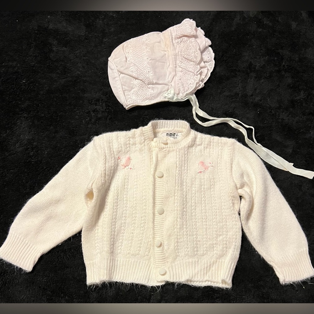 Vtg 60s Sears Baby Girl's 12 Mths Knit Sweater w/Embroidered Pink Birds & Bonnet